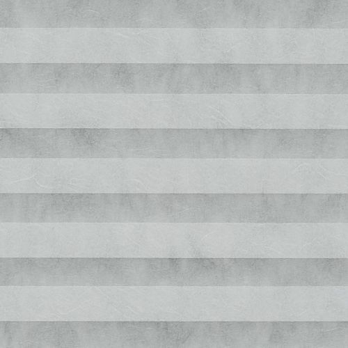 Horizontal pleated fabric shades, evenly spaced light and dark gray bands with subtle textured surface; closed, filtering diffuse light across a neutral interior, forming a regular striped pattern.