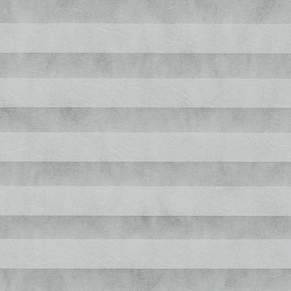 Horizontal pleated fabric shades, evenly spaced light and dark gray bands with subtle textured surface; closed, filtering diffuse light across a neutral interior, forming a regular striped pattern.