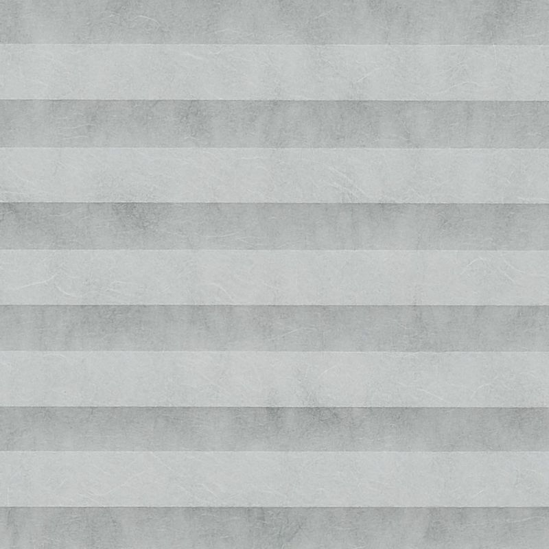 Horizontal pleated fabric shades, evenly spaced light and dark gray bands with subtle textured surface; closed, filtering diffuse light across a neutral interior, forming a regular striped pattern.
