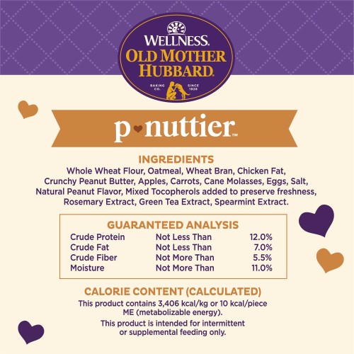 <p>Whole Wheat Flour, Oatmeal, Wheat Bran, Chicken Fat, Crunchy Peanut Butter, Apples, Carrots, Cane Molasses, Eggs, Salt, Natural Peanut Flavor, Mixed Tocopherols added to preserve freshness, Rosemary Extract, Green Tea Extract, Spearmint Extract.</p>
