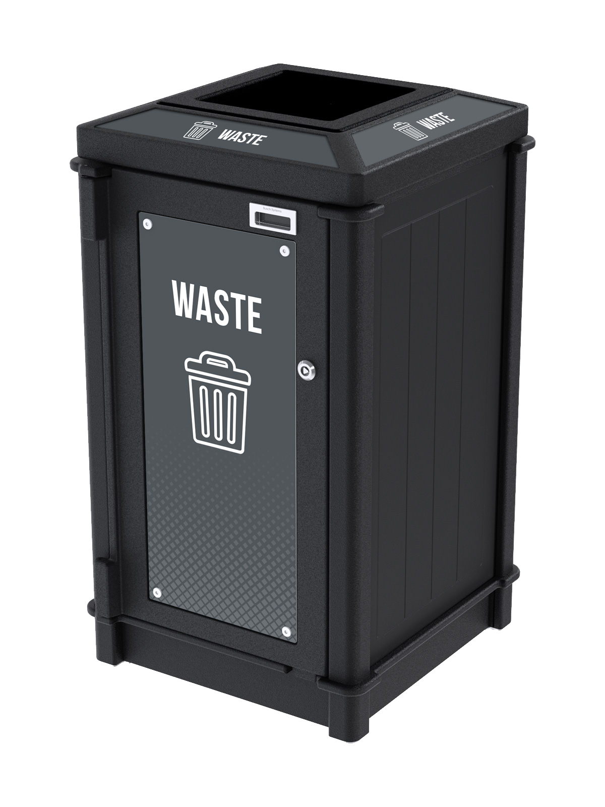 black recycled plastic waste container with top opening lid for collecting trash with high impact signs and labels
