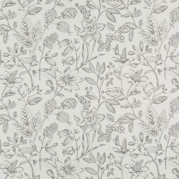 Wallpaper with matte pale background, covered in repeating fine-line botanical sketches of flowers, leaves and buds; pattern fills entire wall, creating a delicate, vintage monochrome decorative texture.