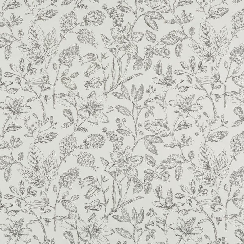 Wallpaper with matte pale background, covered in repeating fine-line botanical sketches of flowers, leaves and buds; pattern fills entire wall, creating a delicate, vintage monochrome decorative texture.