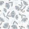 Stylized gray-blue flowers and linear leaves, scattered and rotated across the surface; repeating motifs overlap, printed on a white background suggesting wallpaper or fabric in soft, even light.