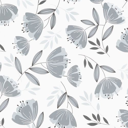 Stylized gray-blue flowers and linear leaves, scattered and rotated across the surface; repeating motifs overlap, printed on a white background suggesting wallpaper or fabric in soft, even light.