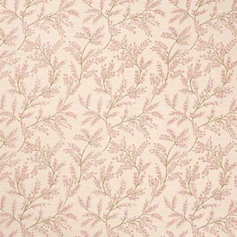 Pale beige wallpaper with seamless repeating thin brown branches bearing clusters of small pink leaves; pattern covers the flat, evenly lit surface with no visible seams or furnishings.