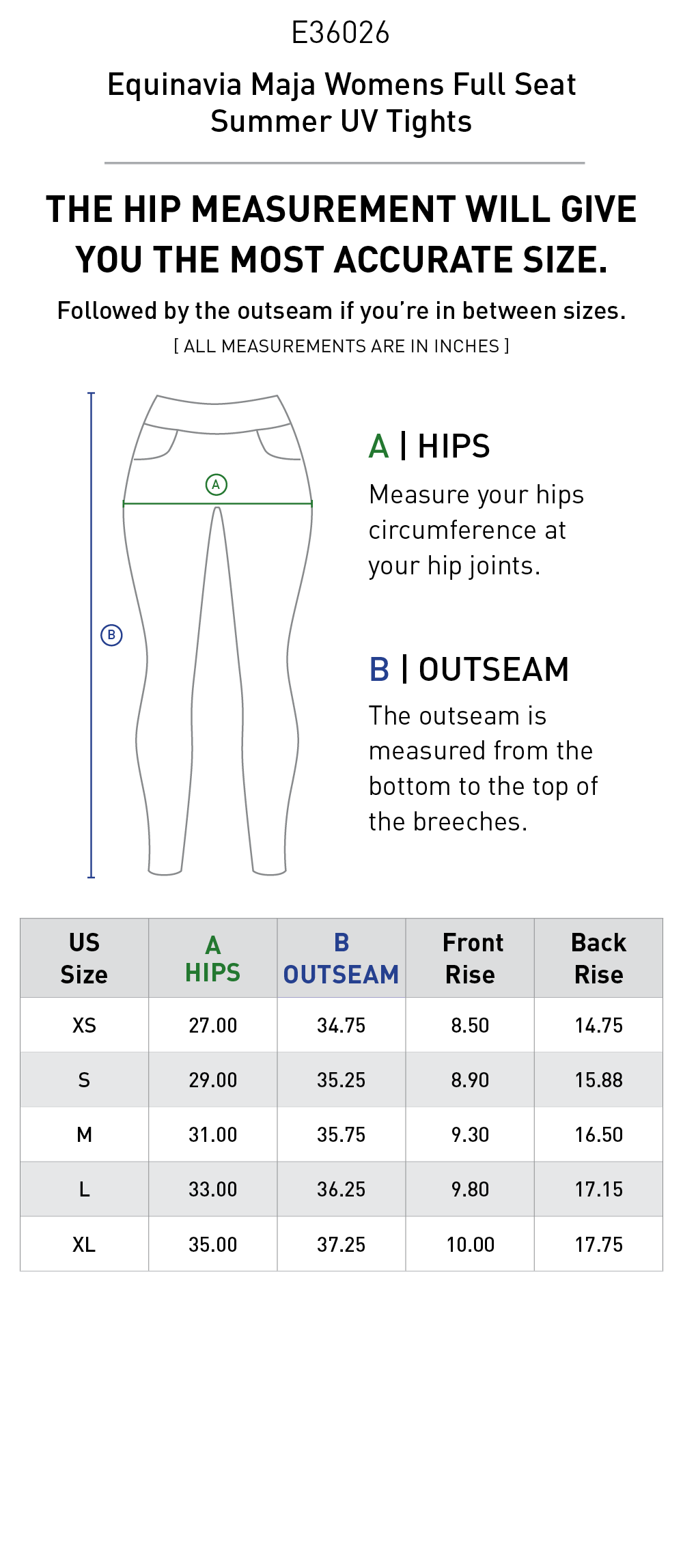 Size chart for Equinavia Maja Womens Full Seat Summer UV Tights - Light Olive