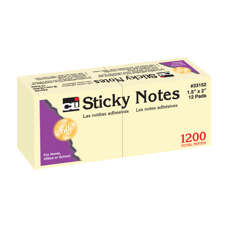 Sticky+Notes%2C+1.5%22+x+2%22%2C+Yellow%2C+100+Sheets%2FPad%2C+12+Pads