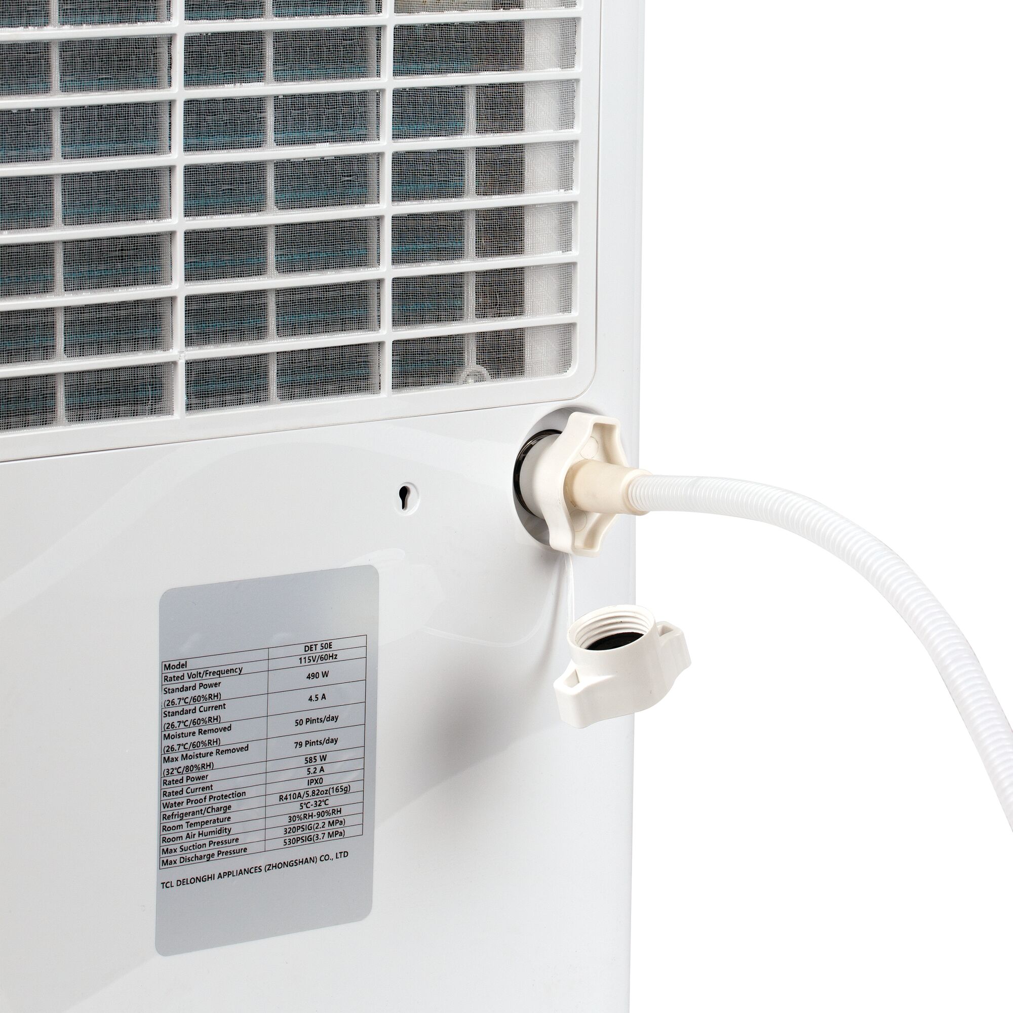 Drain hose feature of 20 pint energy star portable dehumidifier with L E D display.