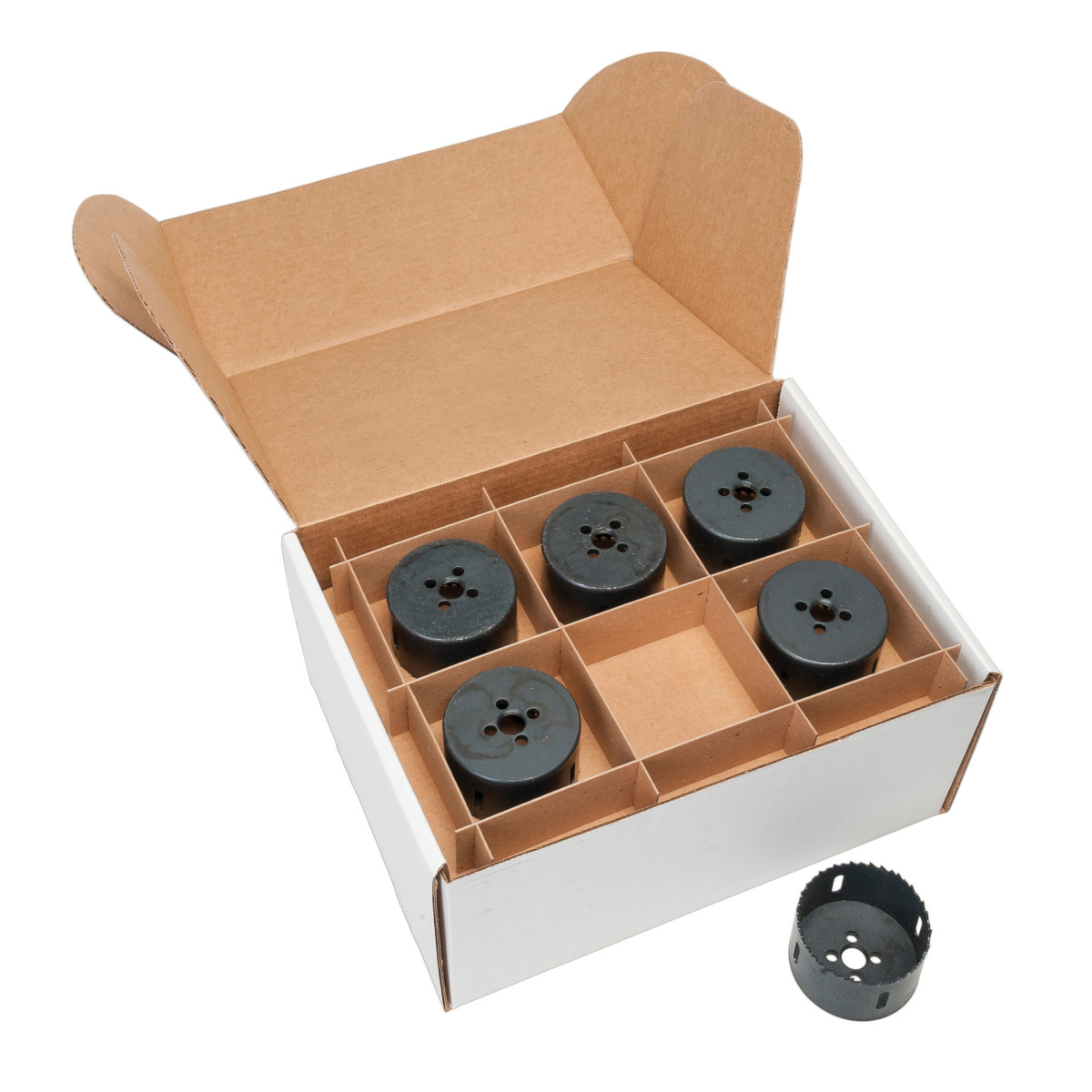 Bi-metal Hole Saw.  2-5/8" actual hole size.  Cut through steel, tin, aluminum, fiberglass, wood and plastic.  Deep 1-5/8" (41.3 mm) cutting depth allows for cutting through 2" x 4" wood studs.  Extra-tough bi-metal blade.  We use the highest grade of tool steel to outlast competitor's blades, that beats premature saw replacement and saves you money.  Steam oxide finish, no paint to gum up and slow cutting.  The saw runs cooler for longer life and better performance.  Extra-thick backplate minimizes vibration for smoother, easier, less tiring cutting.  Standard pack of 18.  Made in USA.