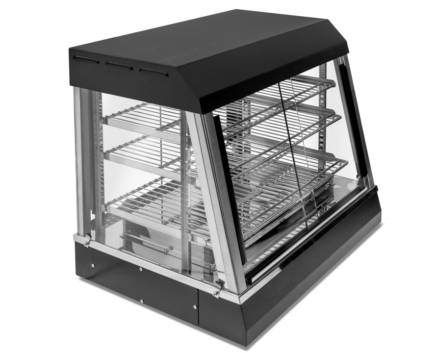 26-inch-wide 120-volt angled-front heated display case with front and rear access in black
