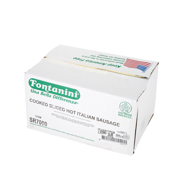 FONTANINI(r) Sliced Spicy Italian Pork Sausage, Cooked, 8 pieces/oz, 3/5 lb . C1RA - Front Right Closed Case (Hi Res)