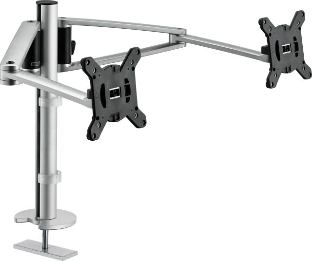 A dual monitor arm set with a grommet mount for comfortable display of two monitors.