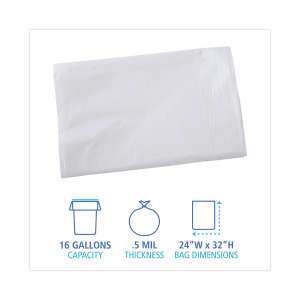 Boardwalk,  LLDPE Liner, 16 gal Capacity, 24 in Wide, 32 in High, 0.5 Mils Thick, White