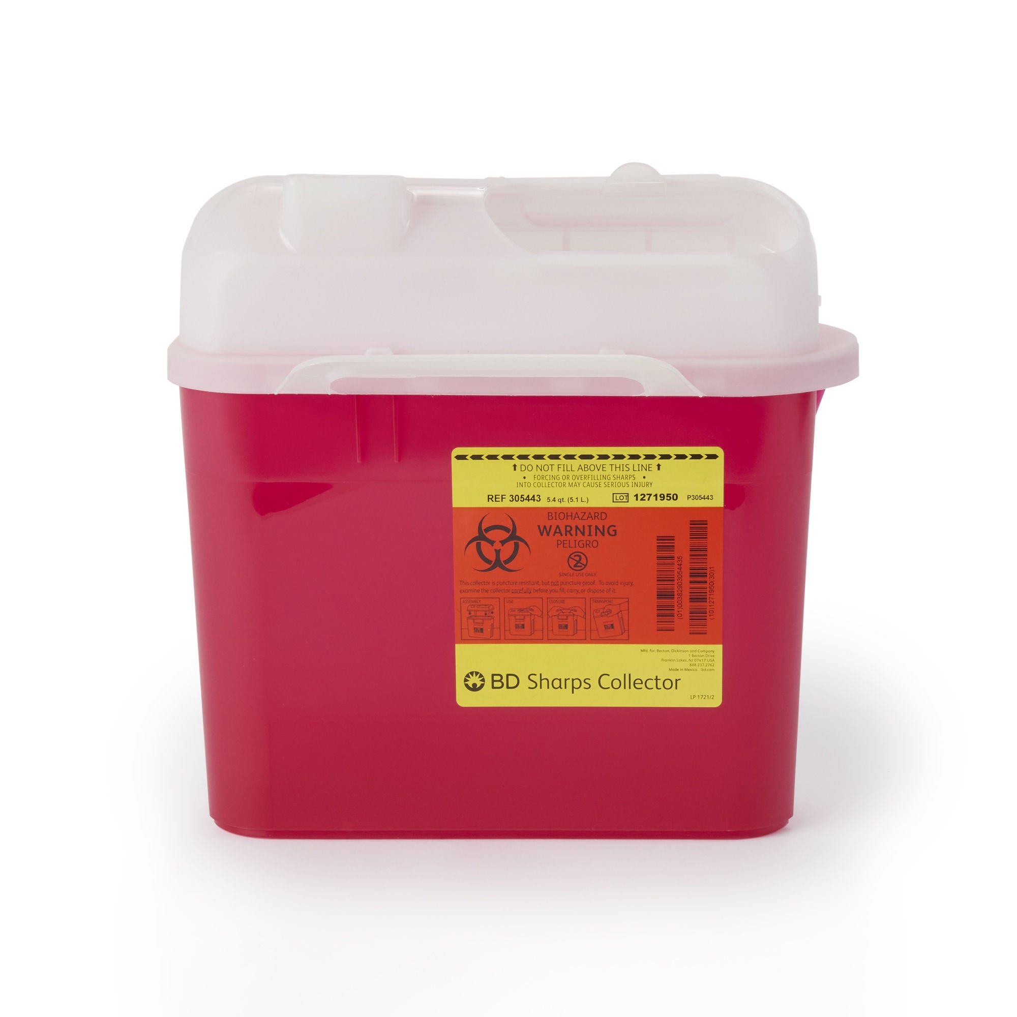 BD Sharps Container, 5.4 Quart, 16-3/5 x11-7/10 x 4-1/2 Inch