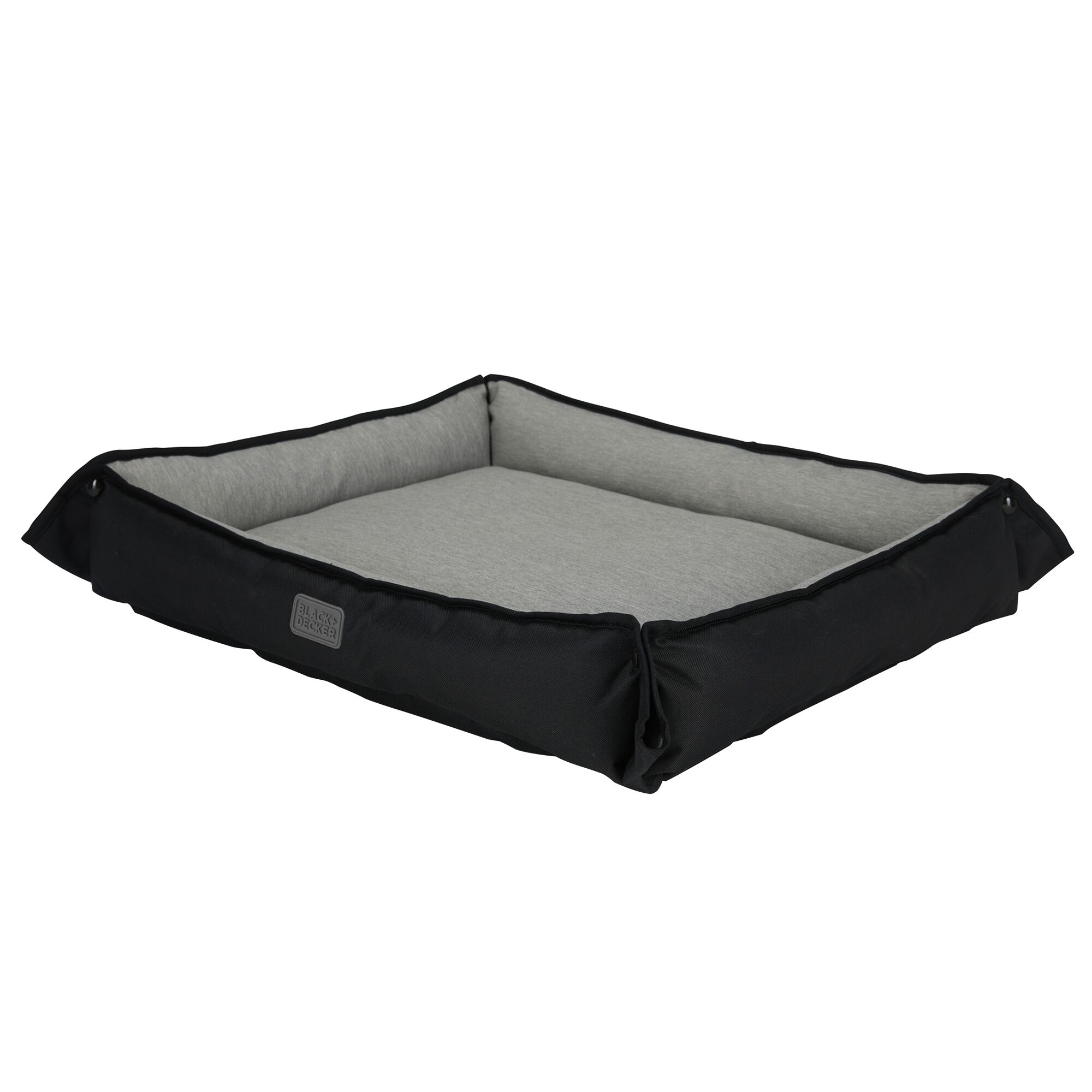 Black plush four sided BLACK+DECKER dog bed shown in profile style but angled to the left