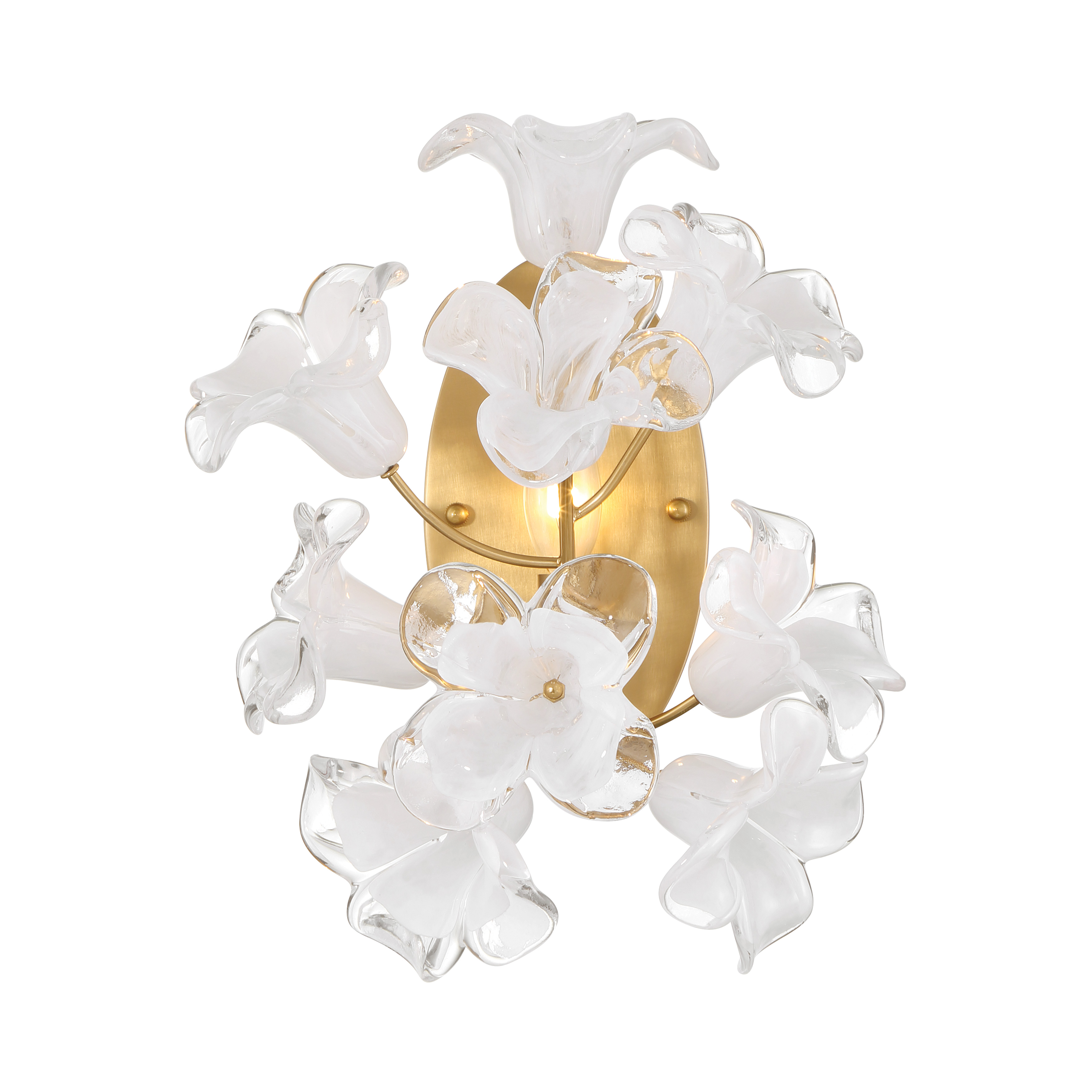 The Bloome wall sconce combines warm Legacy Brass finish with artisanal handmade glass for a refined transitional look. At 14.75" high, it's perfectly scaled for bathrooms, hallways, and intimate spaces. - alternate view