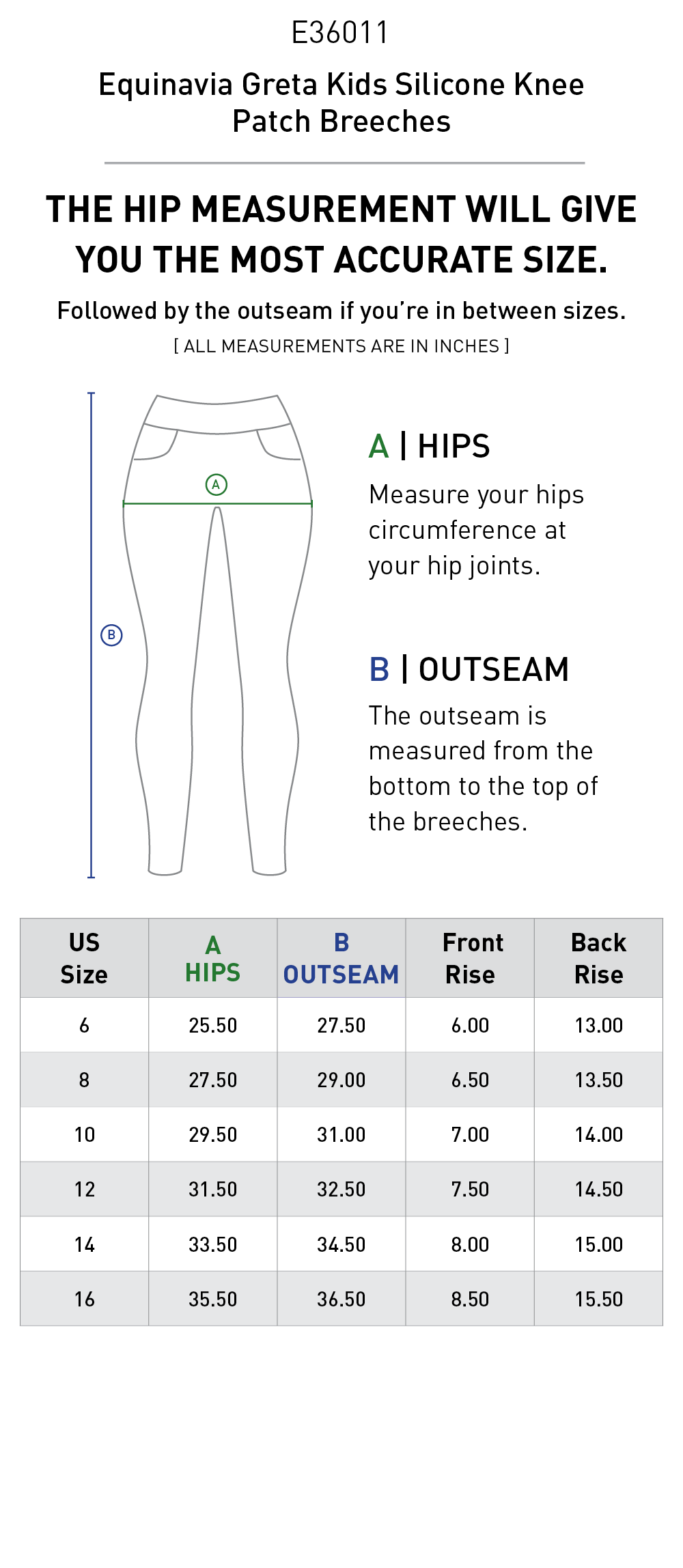 Size chart for Equinavia Greta Kids Silicone Knee Patch Breeches - Coffee Brown