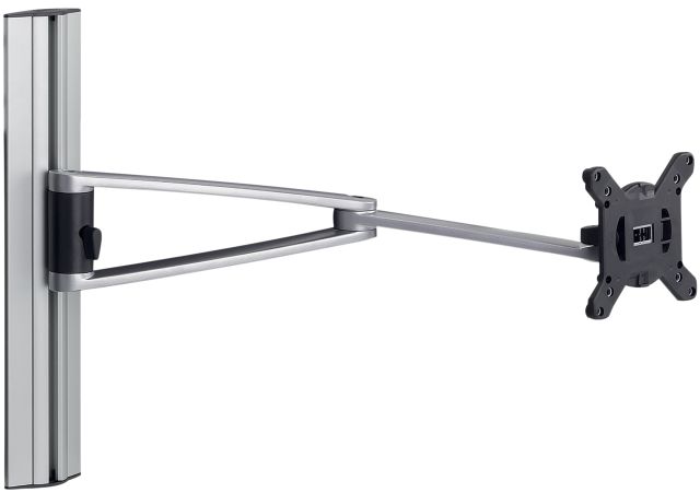 A single monitor arm set with a wall mount for adjustable, ergonomic monitor display.