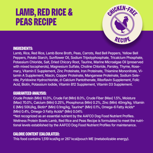 <p>Lamb, Rice, Red Rice, Lamb Bone Broth, Peas, Carrots, Red Bell Peppers, Yellow Bell Peppers, Potato Starch, Sunflower Oil, Sodium Tripolyphosphate, Tricalcium Phosphate, Potassium Chloride, Salt, Dried Chicory Root, Taurine, Marine Microalgae Oil (preserved with mixed tocopherols), Magnesium Sulfate, Choline Chloride, Parsley, Thyme, Rosemary, Vitamin E Supplement, Zinc Proteinate, Iron Proteinate, Thiamine Mononitrate, Vitamin A Supplement, Niacin, Copper Proteinate, Manganese Proteinate, Sodium Selenite, Pyridoxine Hydrochloride, d-Calcium Pantothenate, Riboflavin Supplement, Folic Acid, Biotin, Potassium Iodide, Vitamin B12 Supplement, Vitamin D3 Supplement.</p>
