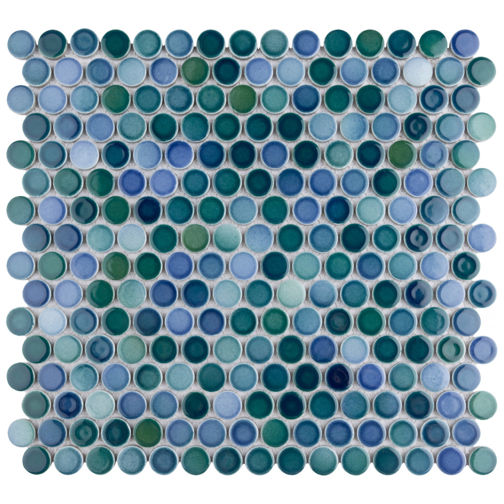 Hudson Penny Round Aquamarine 11-7/8 in. x 12-5/8 in. Porcelain Mosaic Tile