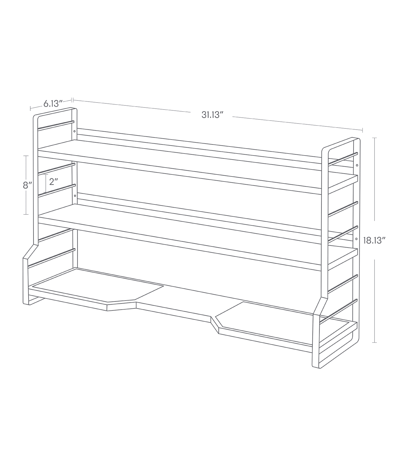 TOWER Countertop Shelves. 31.13 inches long, 6.13 inches wide, 18.13 inches tall.