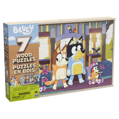 Bluey, 7 Wood Puzzles Jigsaw Bundle 12-Piece 16-Piece 24-Piece Bluey Bingo Bandit Chilli Muffin with Storage Tray, for Kids Ages 4 and up
