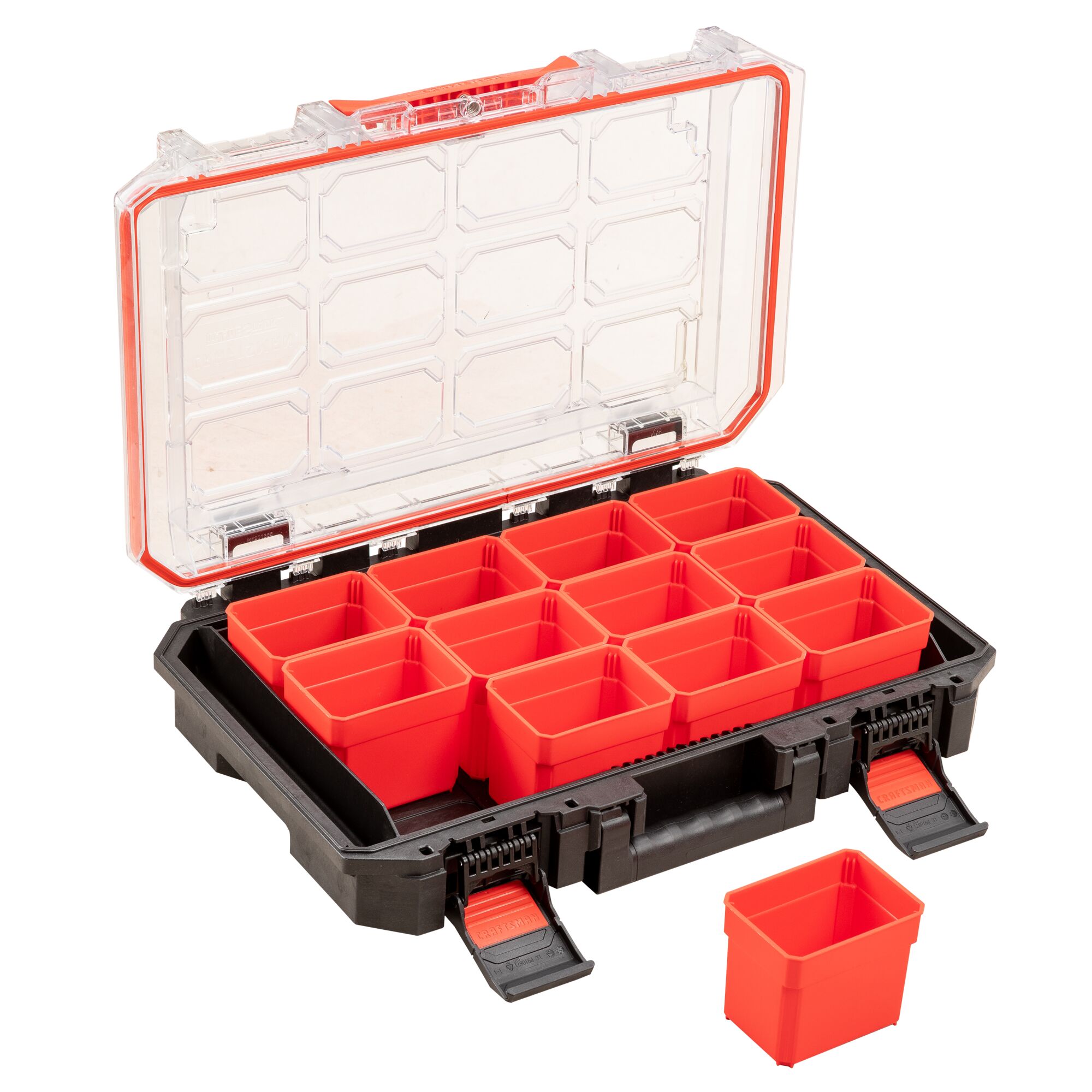 Open organizer case at an angle towards the left with a feature of a container out of the case to the side