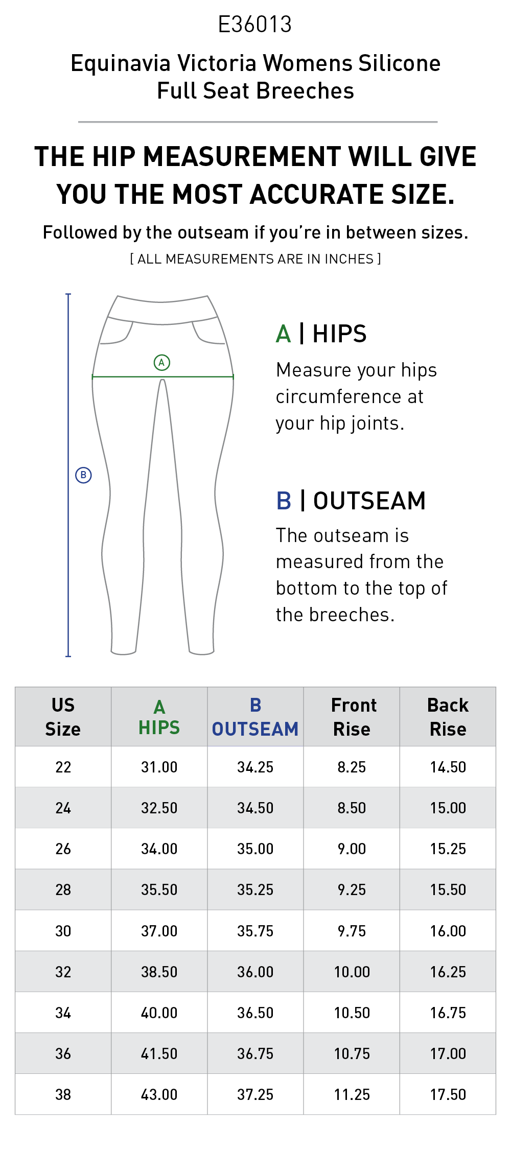 Size chart for Equinavia Victoria Womens Silicone Full Seat Breeches - Skipper Blue/Winter Sky
