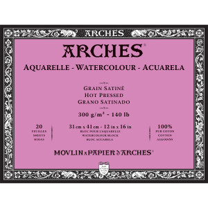 Aquarelle Watercolor Paper Block, Hot Press, Natural White, 140lb/300gsm, 20 Sheet, 12x16 inch, 1 Count