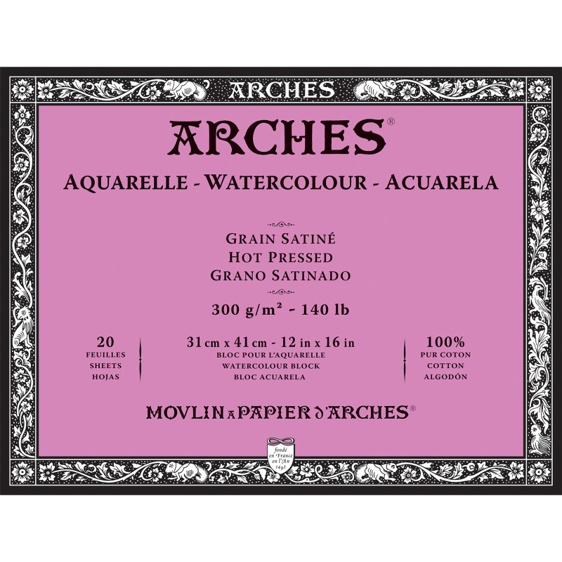 Arches Aquarelle Watercolor Paper Block, Hot Press, Natural White, 140lb/300gsm, 20 Sheet, 12x16 inch, 1 Count