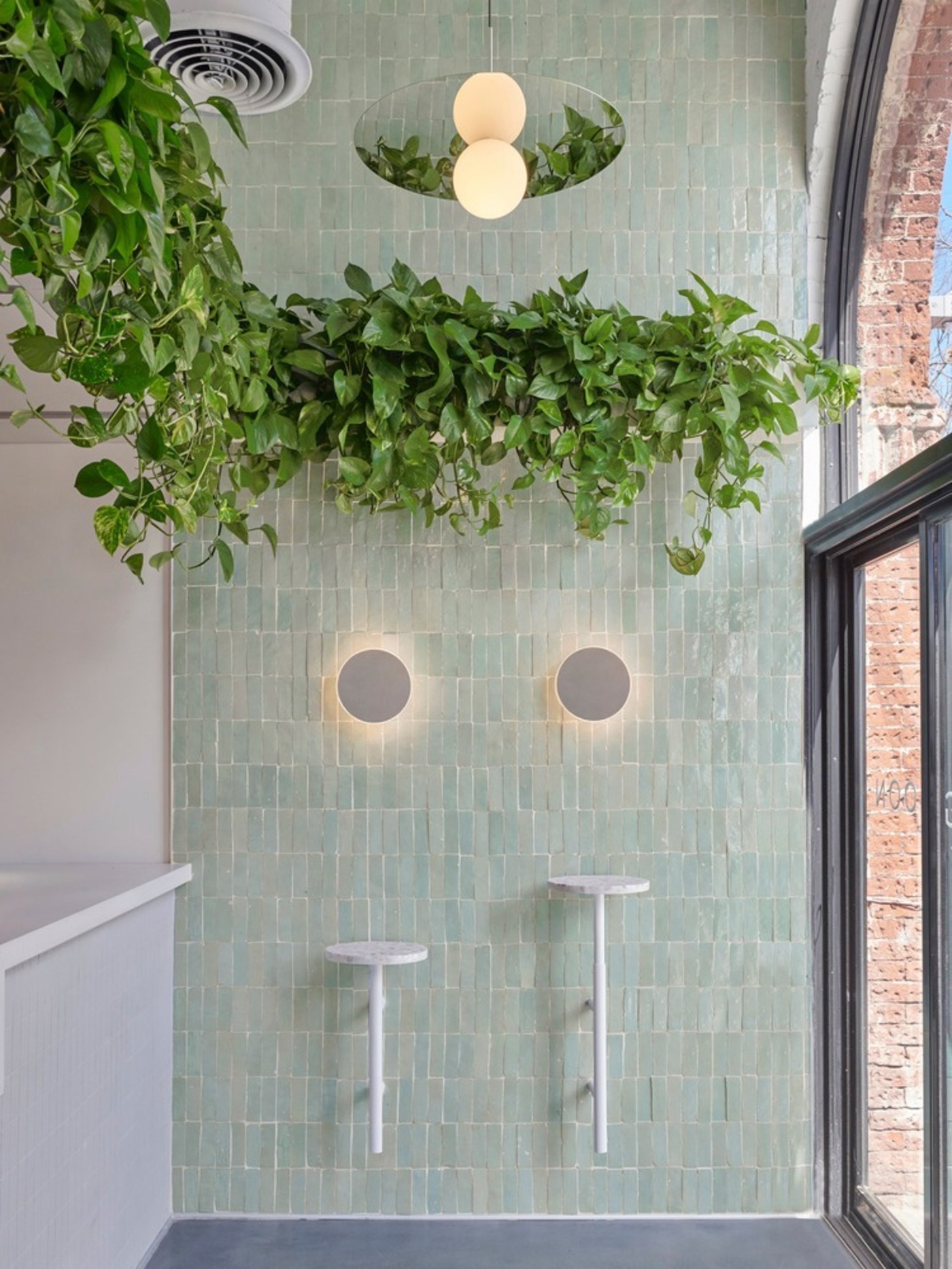 a tiled bathroom with a hanging plant.