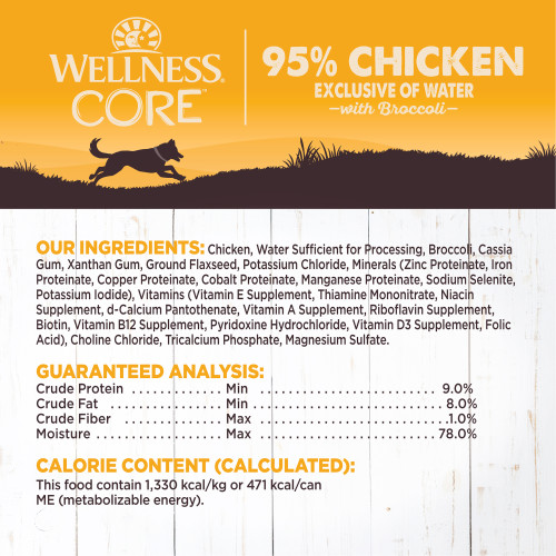 <p>Chicken, Water Sufficient for Processing, Broccoli, Dried Plain Beet Pulp, Cassia Gum, Xanthan Gum, Fish Oil (Preserved With Mixed Tocopherols), Potassium Chloride, Minerals (Zinc Proteinate, Iron Proteinate, Copper Proteinate, Cobalt Proteinate, Manganese Proteinate, Sodium Selenite, Potassium Iodide), Dried Chicory Root, Vitamins (Vitamin E Supplement, Thiamine Mononitrate, Niacin Supplement, d-Calcium Pantothenate, Vitamin A Supplement, Riboflavin Supplement, Biotin, Vitamin B12 Supplement, Pyridoxine Hydrochloride, Vitamin D3 Supplement, Folic Acid), Magnesium Sulfate, Sunflower Oil, Choline Chloride, Tricalcium Phosphate.</p>
