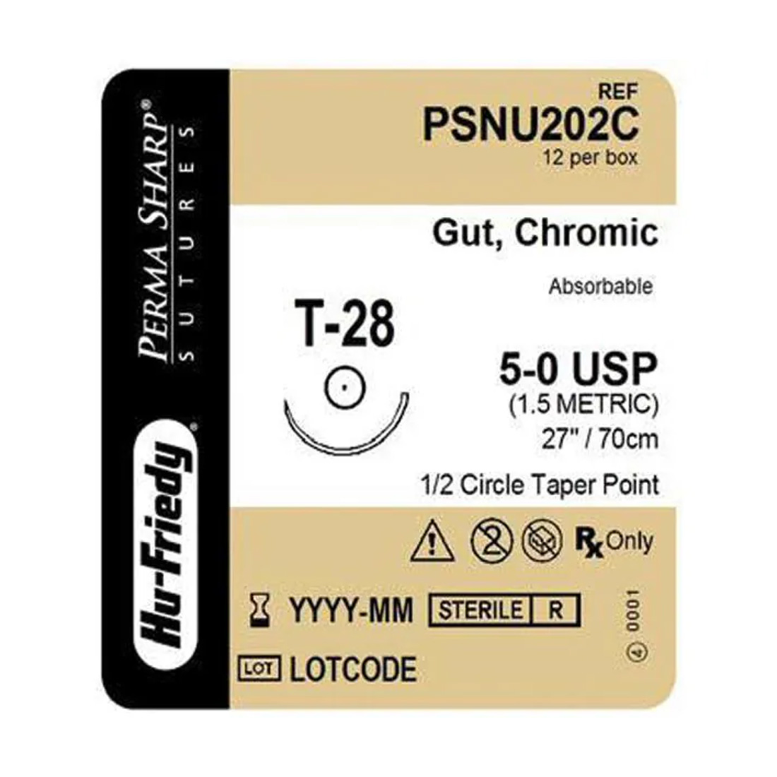 Hu-Friedy 5-0 Chromic Gut Sutures 27", T-28 Needle 17.5mm, 1/2 Circle Taper Point - 12/Box