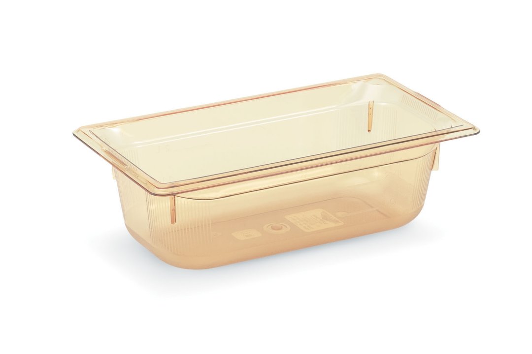 Third-size 4-inch-deep Super Pan® high-temperature plastic pan in amber
