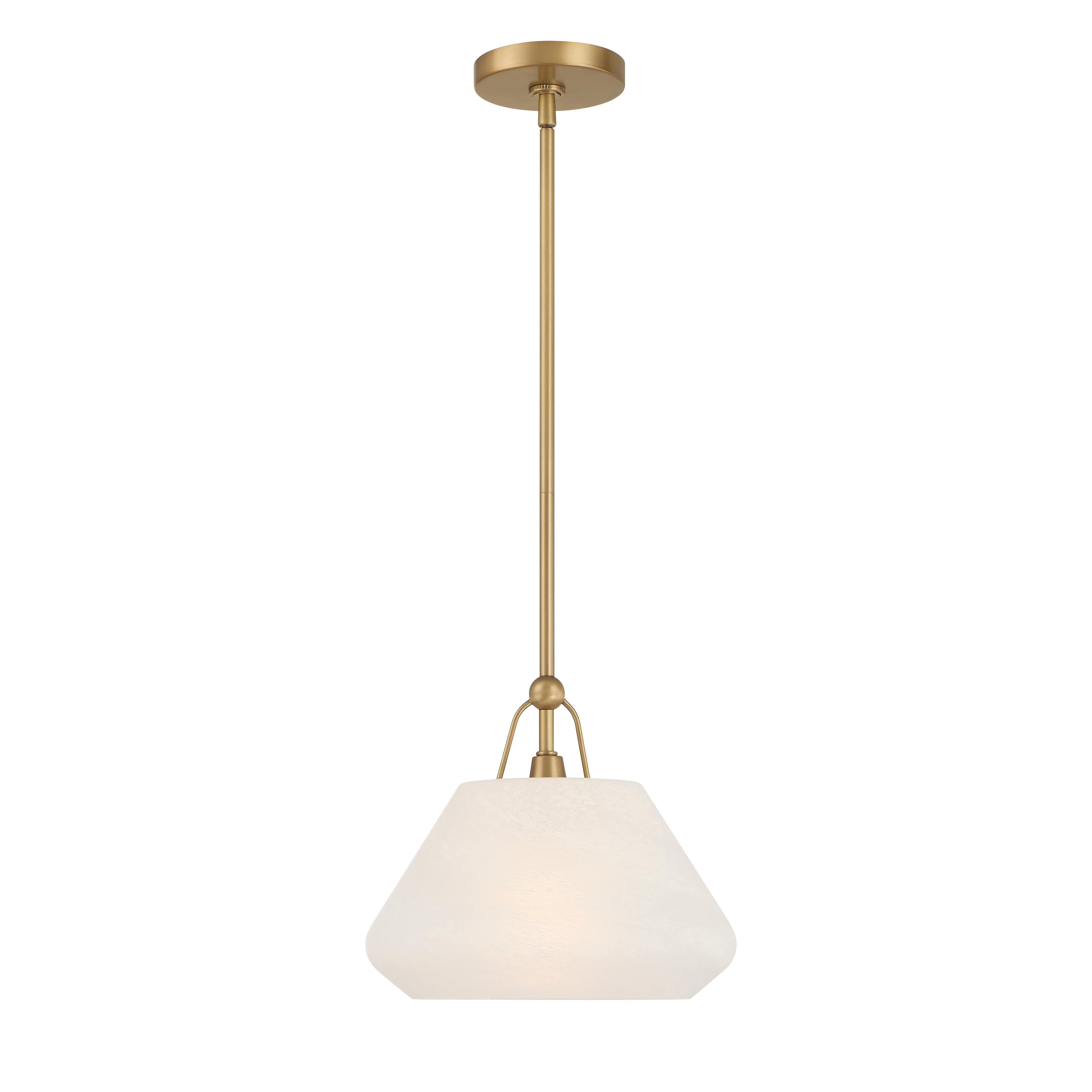The Orion pendant combines warm Legacy Brass finish with classic etched alabaster glass for a refined, compact lighting solution. At just under 12 inches wide, it's perfectly sized for smaller spaces. - alternate view