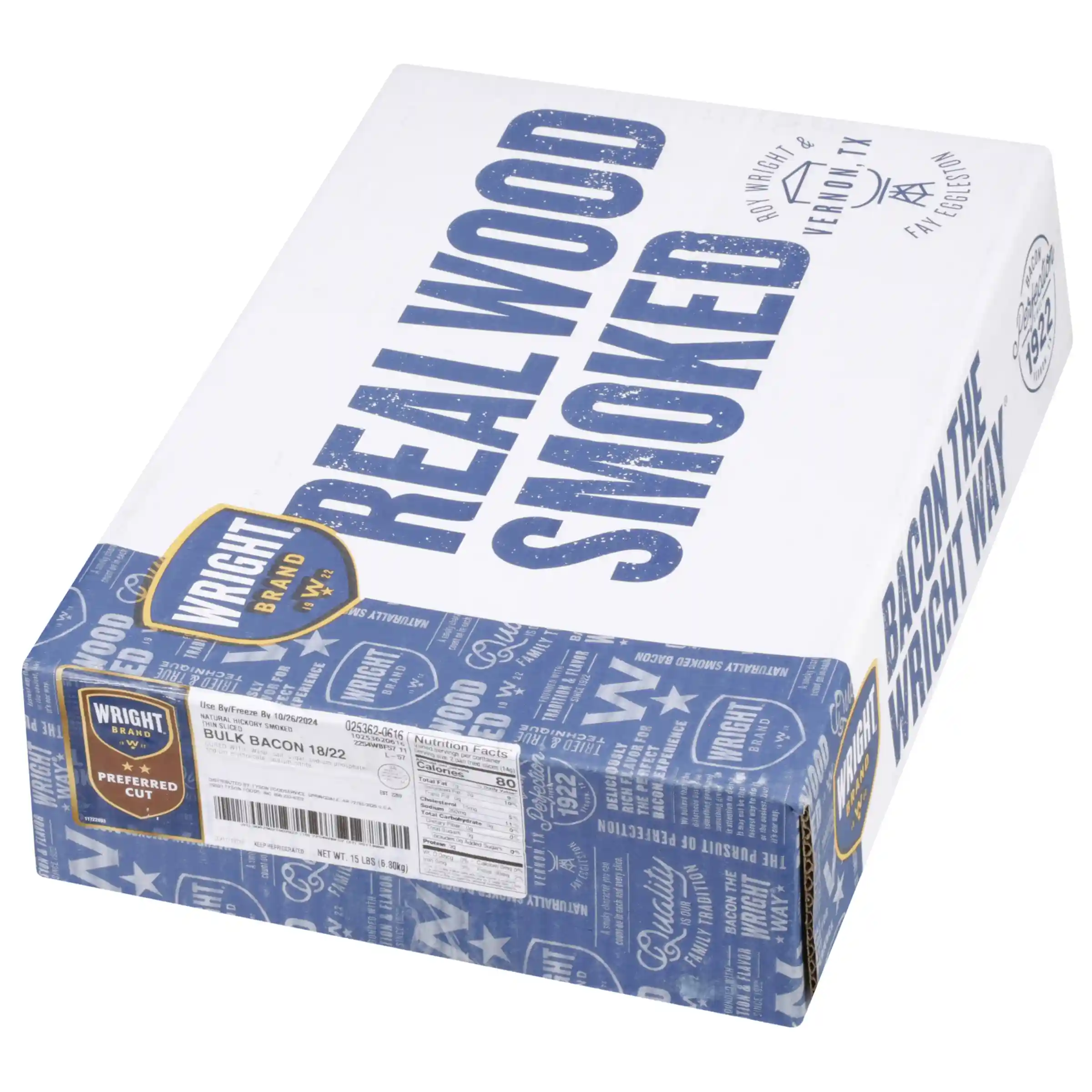 Wright® Brand Naturally Hickory Smoked Thin Sliced Bacon, Bulk, 15 Lbs, 18-22 Slices Per Pound, Gas Flushed_image_5