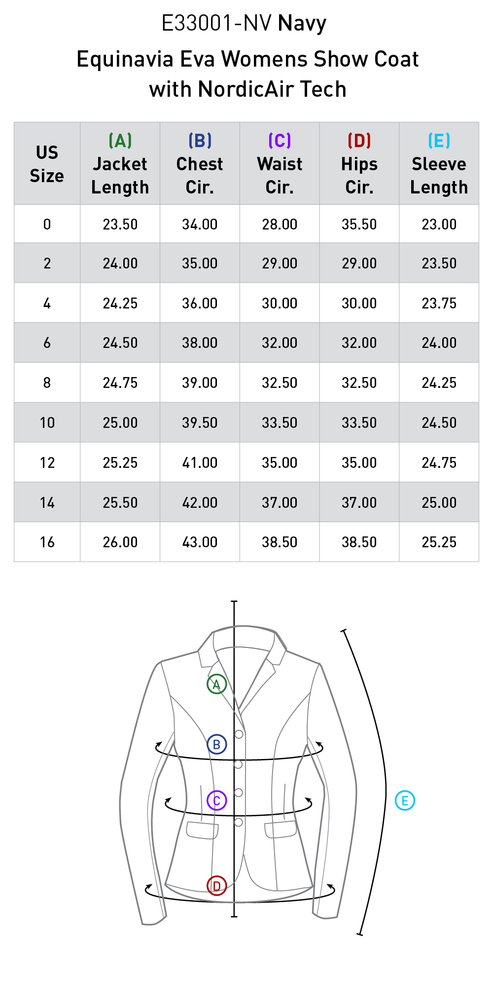 Size chart for Equinavia Eva Womens Show Coat with NordicAirÂ® Tech - Navy