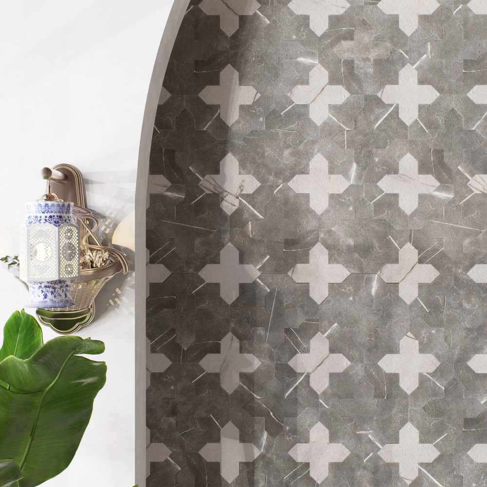 Istanbul Squire Shield Night with Night Cross 6 in. x 8-3/8 in. Porcelain Floor and Wall Tile