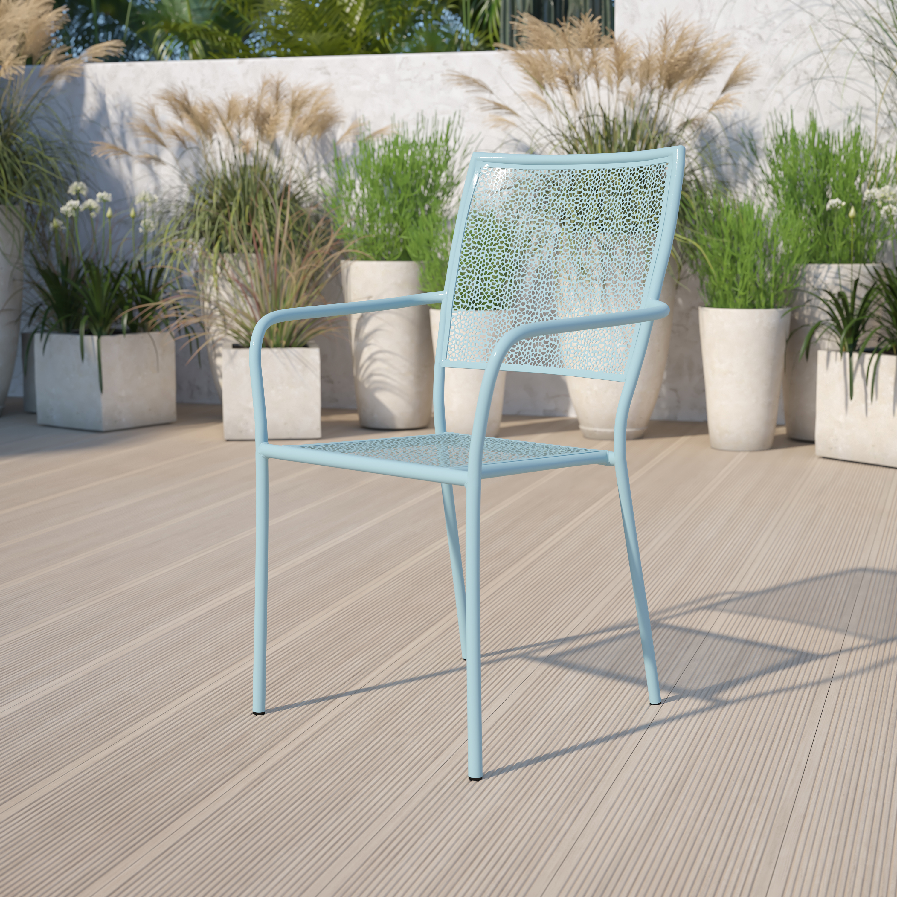 Commercial Grade Sky Blue Indoor-Outdoor Steel Patio Arm Chair with Square Back - Picture 22 of 61
