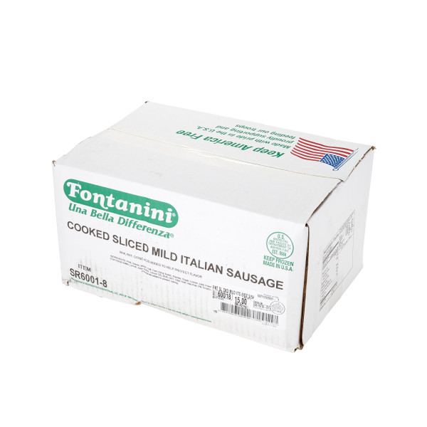 FONTANINI(r) Sliced Mild Italian Pork Sausage, Cooked, 8 pieces per oz, 3/5 lb . C1RA - Front Right Closed Case (Hi Res)