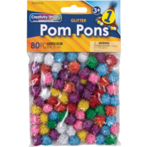 Glitter Pom Pons, Assorted Colors, 1/2", 80 Pieces