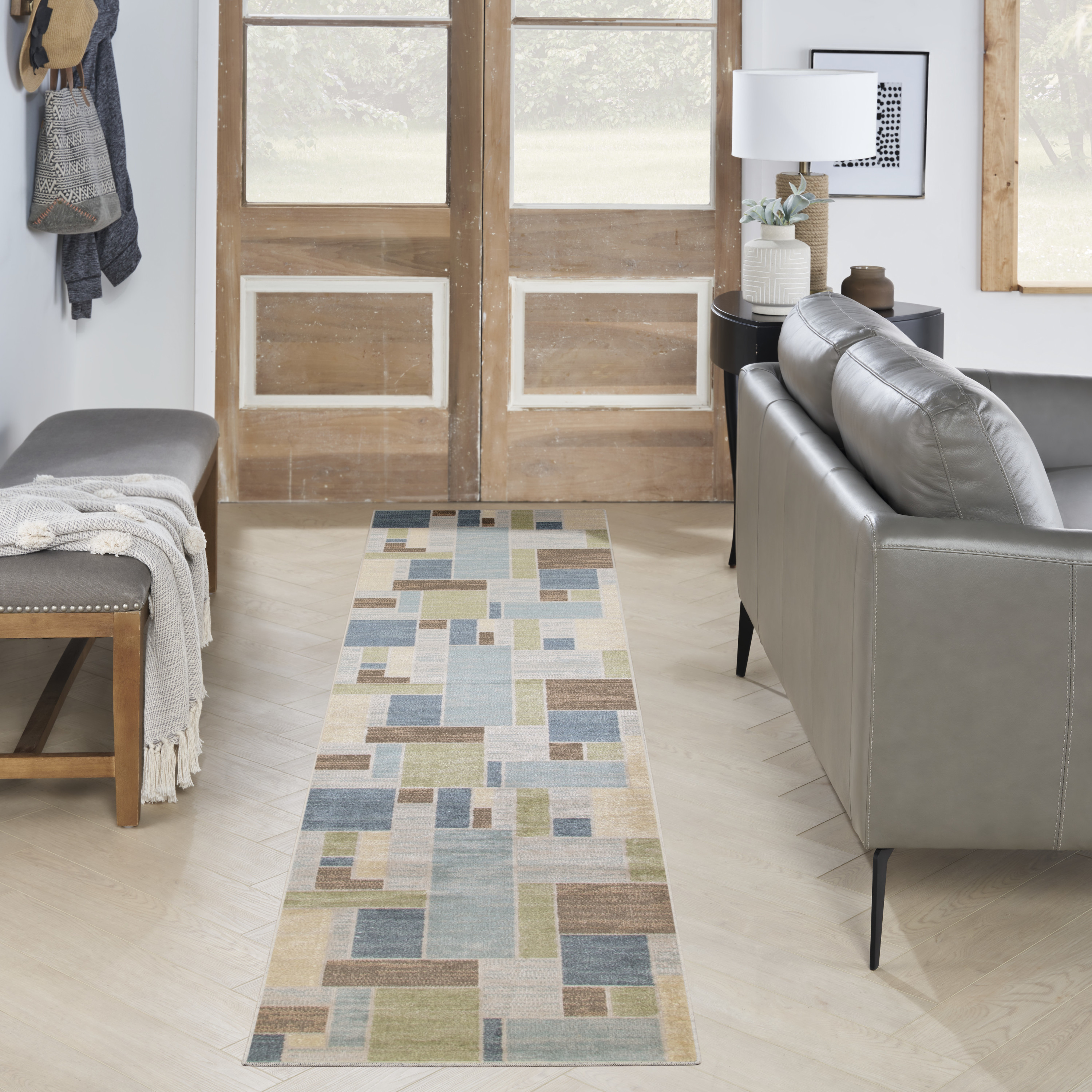 Nourison Astra Machine Washable 2'2" x 10' Blue Green Multi Modern Indoor Rug