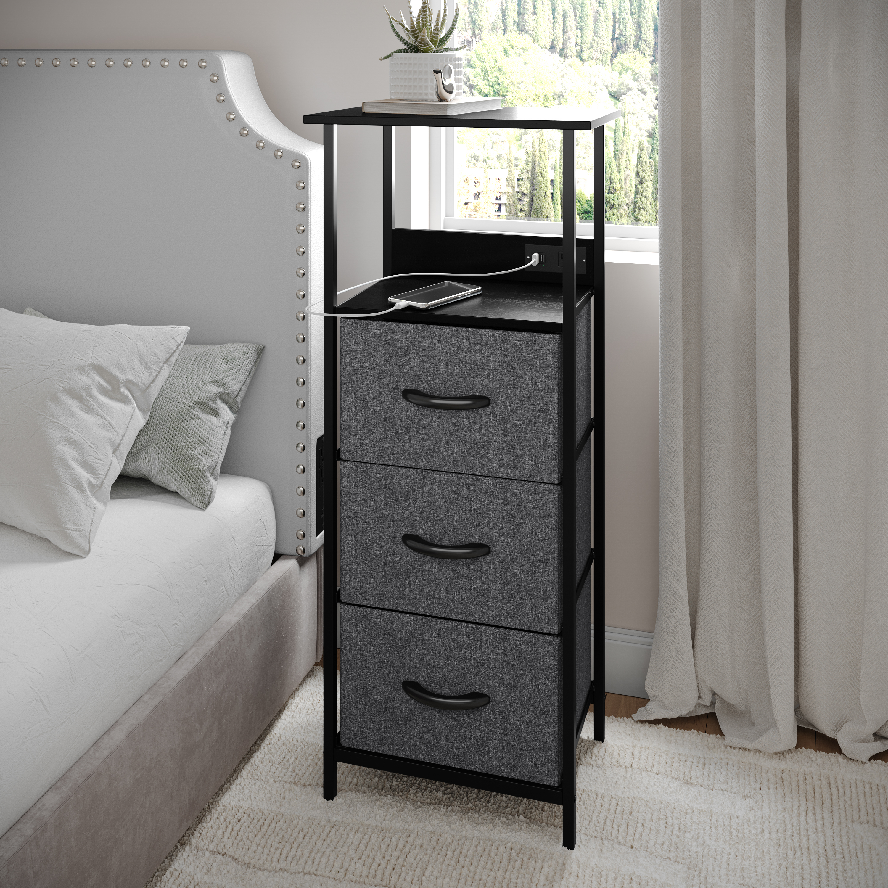 Sodano 3 Drawer Nightstand with Charging Station, 2 USB Ports, 1 Outlet, Blac... - Picture 3 of 25