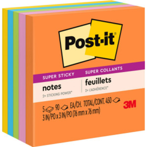 Super Sticky Notes, 3 in x 3 in, Energy Boost Collection, 5 Pads/Pack