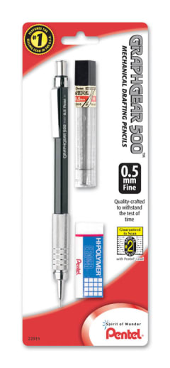 Pentel GraphGear 500 Mechanical Pencil - Black Barrel (0.5mm) with Lead & Small Eraser