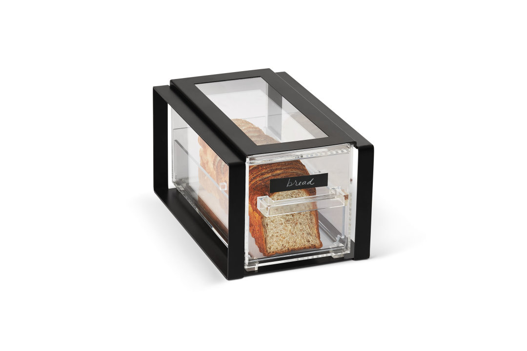 Cubic modular display bin with three ⅓-size drawers and black frame