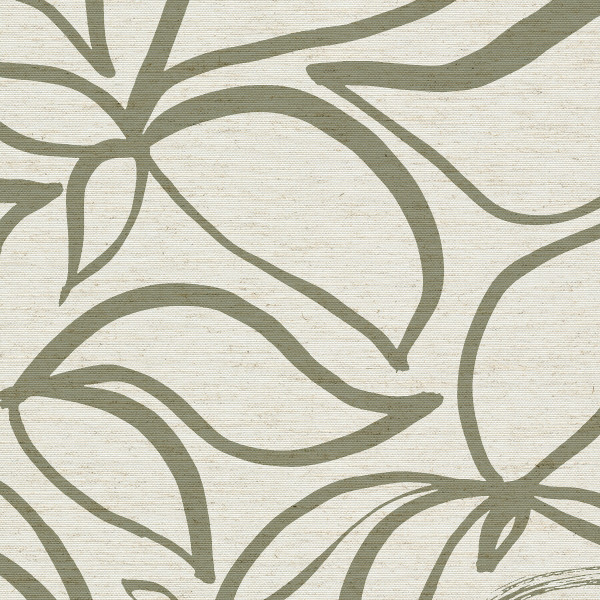 Olive-green, hand-drawn leaf outlines curve and overlap across a coarse, off-white, linen-textured background, forming a repeating, minimalist botanical pattern.