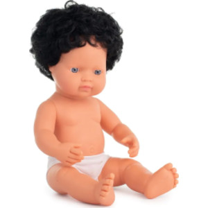 Anatomically Correct 15" Baby Doll, Caucasian Boy, Curly Black Hair (Polybag)