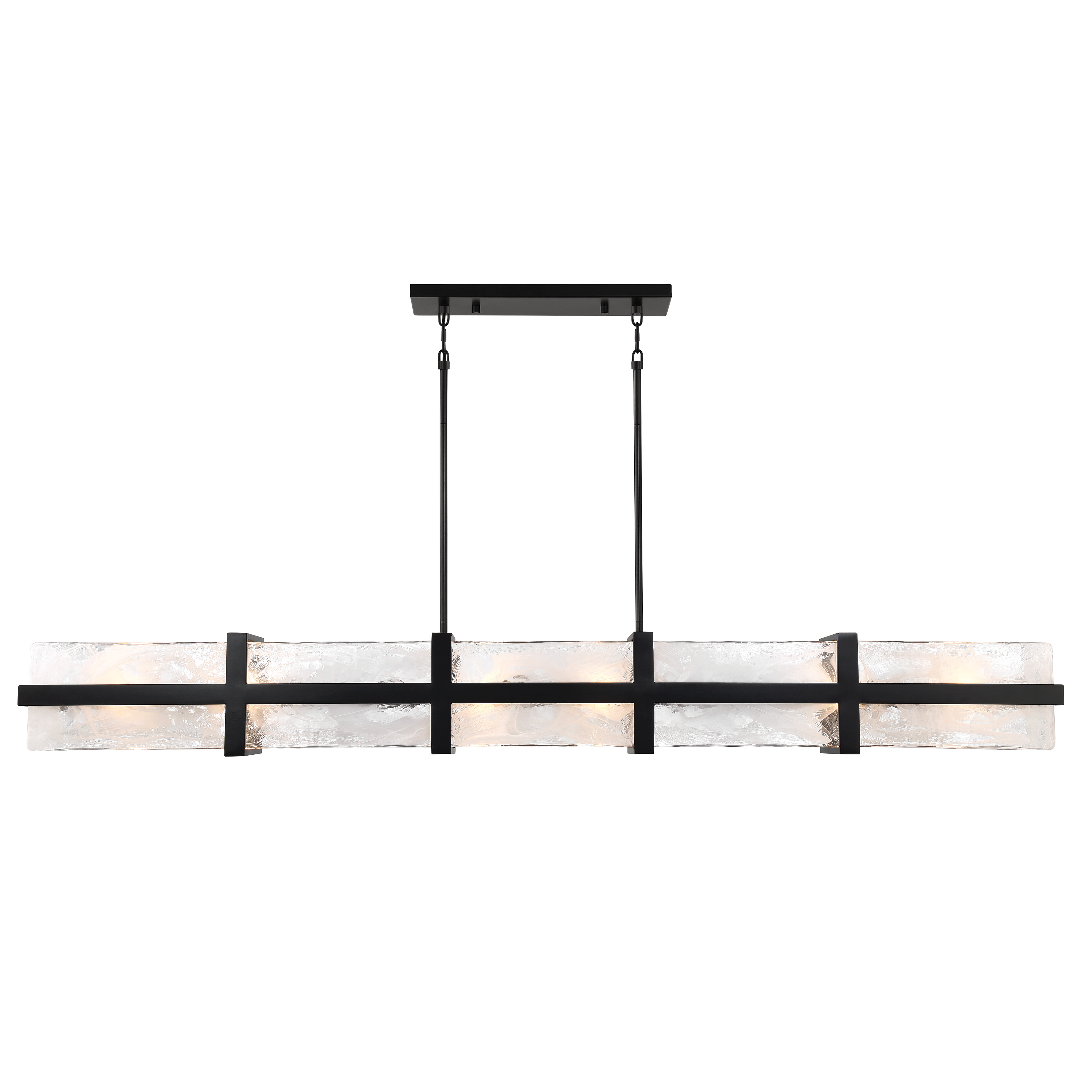 The Cloud Break island chandelier makes a bold statement with its 60-inch linear design and 12 cloud glass shades. The coal black finish provides striking contrast while the textured glass creates soft, diffused illumination perfect for kitchen islands and dining tables. - alternate view
